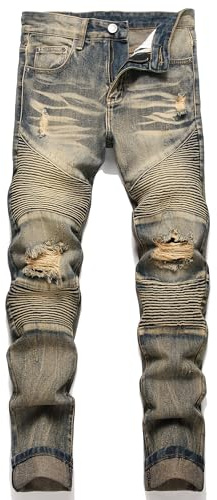 AITITIA Men's Jeans, Biker Zipper, Deco, Washed, Straight Fit, retro, 18
