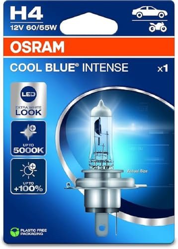 OSRAM COOL BLUE® INTENSE H4, +100% mehr Helligkeit, bis zu 5.000K, Halogen-Scheinwerferlampe, LED-Look, Einzelblister (1 Lampe)