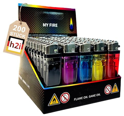 h2i Feuerzeug mit Reibrad | 200 Stück |transparentes Einwegfeuerzeug in 5 Farben | Ergonomisches Design & stufenlose regulierbare Flamme | Zuverlässige Zündung im Alltag
