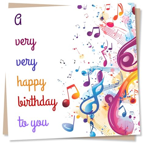 Nokular Birthday Greeting Card for Music Lover – Colourful Musical Notes Design – Blank Inside (135 x 135 mm) – Made in UK – With Envelope