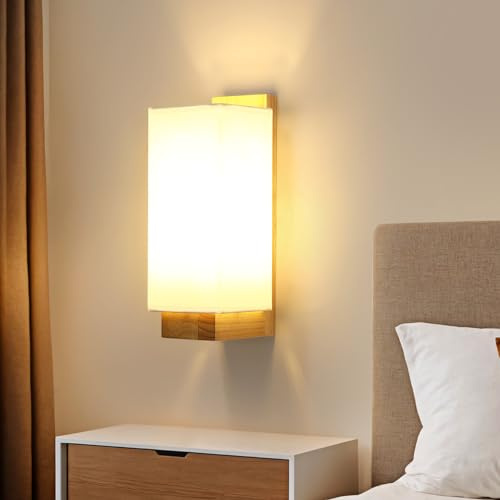 Riserva Aplique Pared Interior Vintage, E27 Lámpara de Pared Madera Blanco Tela para Dormitorio, Salón, Comedor, Escalera, Hotel, Rectangular