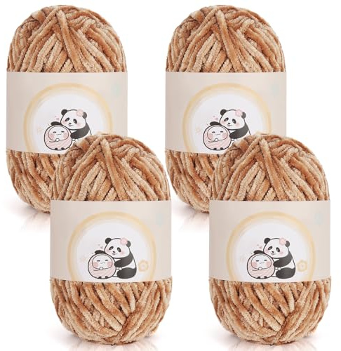 Aeelike Chenille Yarn 400g, 4 Pack Plush Chunky Chenille Wool for Knitting 100g Balls, Soft Fluffy Baby Velvet Thick Chunky Yarn for Crochet Amigurumi, Blankets, Scarves and DIY Crafts, Light Khaki