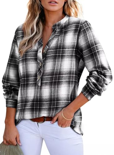 GRMLRPT Blusa a Cuadros para Mujer con Botones Manga Larga Oktoberfest Túnica Informal, Cuello en V Camisa de Franela(Negro,XXL)