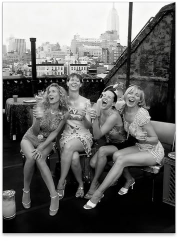 Retro Black And White Woman Canvas Wall Art Fashion Rooftop Party Posters Trendy Glam Girly Prints Pictures Woman Cheers Aesthetic Painting for Apartment Bedroom Bar Cart 12x16in Unframed