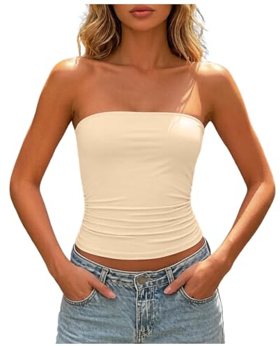 Top Tubo Mujer Verano Sin Tirantes Bandeau Ajustado Sin Mangas, Crop Top con Banda Elástica Y Doble Capa, Blusa Básica Estilo Y2K Prenda Estética Cómoda Ideal para Combinar con Distintas Ropas