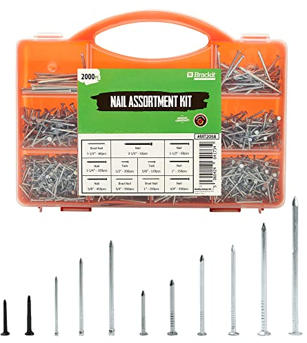 Brackit 2,000 Piece Nail Assortment Set with Storage Case – Including Wire Nails, Brad Nails & Tacks - For DIY, Craft, Masonry, Woodwork, Décor