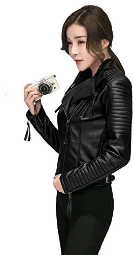 LY VAREY LIN Women's Faux Leather Biker Jacket Slim Short Coat Zipper Moto Jackets (M, Black)