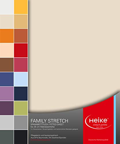 Heike Spannbettlaken Jersey Family Stretch 97% Mako-Baumwolle 3% Elastan Deutsche Markenqualität 230 gr/m2 bis 35 cm Höhe für Wasserbetten Boxspringbetten und herkömmliche Matratzen (Natur)