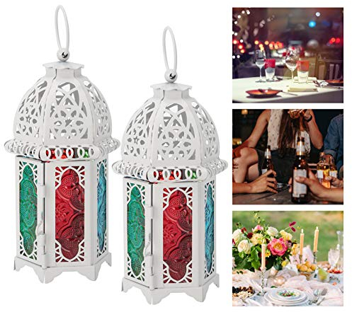 HERCHR 2 Stück Marokkanischen Stil Kerze Laterne mit Bunten Glasscheiben Laterne Kerzenhalter, Dekorativ Laternen Windlicht Marokkanische Lampe Kerzenständer Vintage Metall kerzenlaternen