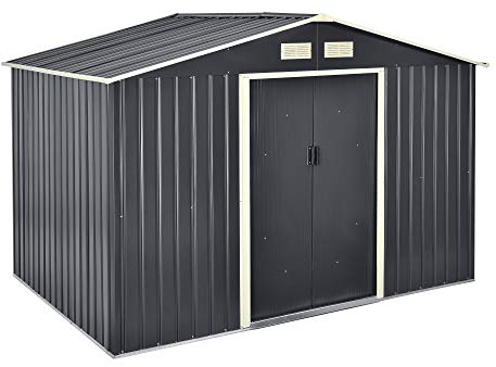 [en.casa] Geräteschuppen 277x191x192cm Gartenhaus 9 m³ mit Satteldach Metallrahmen Schuppen aus Stahlblech Abschließbar Gerätehaus 2 Schiebetür Dunkelgrau
