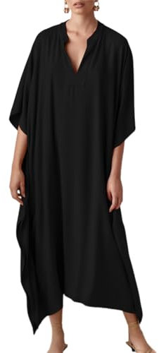 Bsubseach Damen Kaftan Kleider Batwing Sleeve Strandkleid V-Ausschnitt Caftan Maxi Kleid Sommer Schwarz Silky