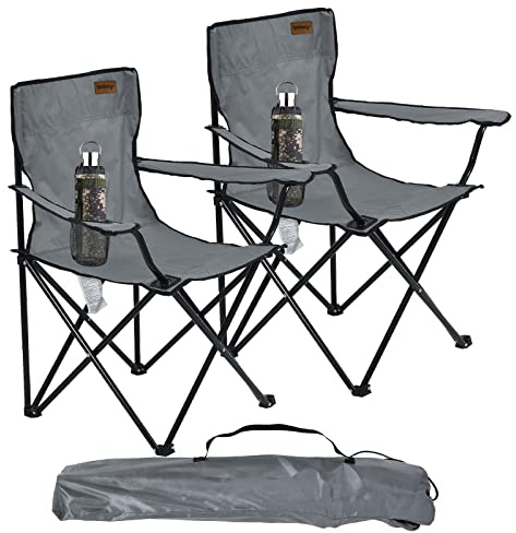 Rainberg Folding Camping Chairs, Comfortable Heavy Duty Structure, Extra Wide Garden Chair with Hard Armrest, Foldable Fishing Chair Outdoor Fold up, Cup Holder with Carry Bag. (Pack of 2, Grey)