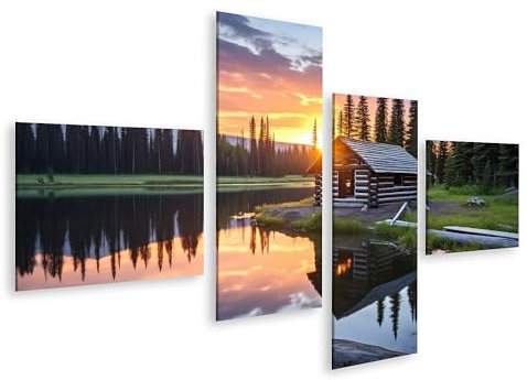 islandburner Tableau sur toile Cabane en rondins près du lever du soleil tranquille au bord du lac Images murales Poster