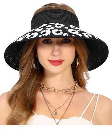 soul young Chapeau Femme Soleil Visière de Paille Bord Large Pliable UPF 50(Noir et léopard 2,Taille Unique)