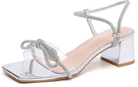 DADAWEN Chaussures de Soirée Femmes Sandales à Talons Blocs Bas Bout Ouvert Sandale Escarpins d'été 7cm Sandales Femme avec Strass Argent 41