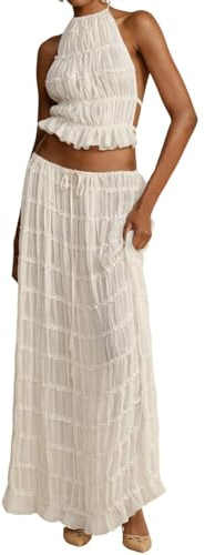 NIUVOO Ensemble maxi jupe et crop top sexy 2 pièces sans manches mousseline fluide volants longue robe midi mode tenues de plage pour femmes jeunes et fashion-conscious