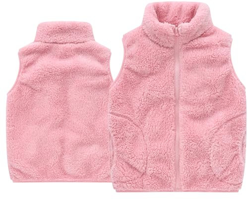 FEOYA Kinder Winter Weste Jungen Mädchen Flauschig Atmungsaktive Softshell Weste Kinder Armellos Outwear mit Taschen B Rosa 6-7 Jahre