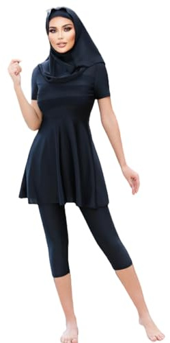 Nuovo Estate Burkini Femmes Musulmano 3 pz Costumi Da Bagno Nero Tinta Unita Manica Corta Capri Pantaloni Protezione Solare Abbigliamento Spiaggia con Hijab, Nero , M