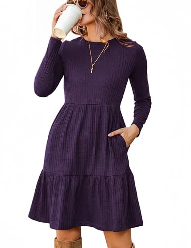 Zeagoo Robe d'automne Femme avec Poches Robes Pull à Manches Longues et Col Rond Élégant Automne Hiver Robe en Maille Fine Violet S