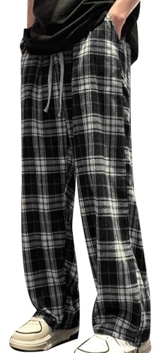 MUOYITEW Pyjamasbyxor för män, bomull, rutiga tjocka flanellpyjamasbyxor, mjuka nattkläder med fickor, justerbara dragsko, långa fritidsbyxor, loungebyxor med fickor, justerbara, Svart#2, M