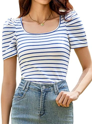 Aottori Camiseta de Mujer Manga Corta Tejido de Algodón con Cuello Cuadrado | Diseño A Rayas, Estilo Casual, Estilo Elegante, Diseño Pullover, Forma de Túnica, para Primavera Verano