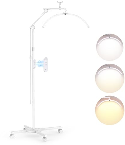 STASUN Lámpara de Pestañas Media Luna, Lámpara LED Plegable, Lámpara de Pie Regulable de 28 Pulgadas y 30W con Soporte para Teléfono para Extensiones de Pestañas, para Técnicas de Uñas- Blanco
