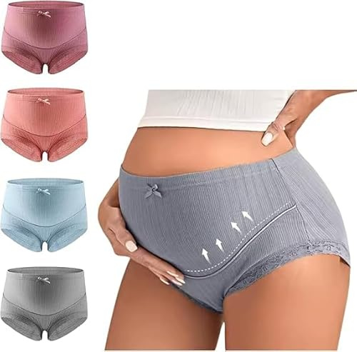 Rainjia Mutandine Premaman 4 Pezzi - Intimo in Cotone Morbido Alta Vita per Gravidanza, Regolabile sulla Pancia, Slip Traspiranti con Pizzo