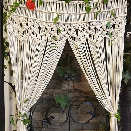 PORFOYO Makramee Vorhang 180x100cm, Boho Türvorhang und Fenstervorhang, Handgewebter Makramee Raumteiler im Bohème-Stil, Vorhang für Türen, Fenster, Wohnzimmer, Schlafzimmer oder Hochzeitsdekoration