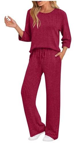 Co Ord Sets for Women Knitted Ribbed Outfit Two Piece Tracksuit Long Sleeve Pullover Tops Crewneck Blouse and Wide Leg Trousers with Pockets Knitwear Sweatsuit Loose Fit Hiking Loungewear