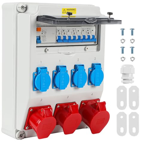 Distribuidor para obras, distribuidor de pared, 1 x 32 A, 2 x 16 A, 4 x 230 V con LS+FI con interruptor de protección, distribuidor de pared con RCCB, enchufe CEE 16/32 A para obras