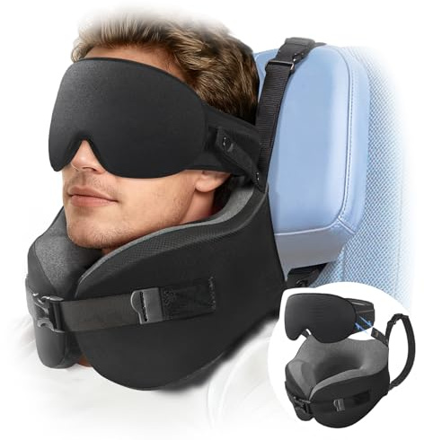 Umisleep Nackenkissen Flugzeug für Langen Flug, mit 3D-Schlafmaske, Nackenkissen Memory Foam 360° Stütze an Kopf & Nacken, Reisekissen Verhindert Kopf-Nicken für Flugzeug Auto Zug, Schwarz