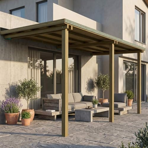 Sunwood Pergola Addossata in Legno Lamellare 240x480 cm - Tettoia da Giardino Impregnata in Autoclave Classe 4, Copertura con Perlinato e Guaina Ardesiata