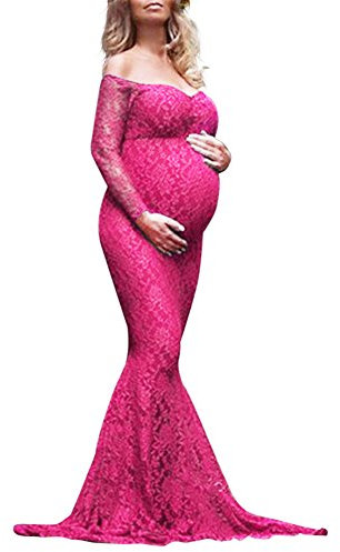 Robe Grossesse de Photographie Elégante Vetements Maternité Robe Longue en Dentelle Epaule Dénudé Femme Enceinte Costume Habillée de Shooting Photo Plage Mariage Soireé Cérémonie Rose Fuchsia L