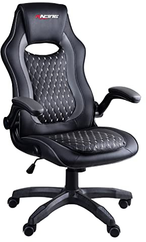 Racing BERGNER | Gaming-Stuhl | ergonomischer Bürostuhl | Gepolsterte und verstellbare Armlehnen | Rautenmuster | Neigungsmechanismus | Kunstleder | Schwarz - Grau, 66T x 69B x 122H cm