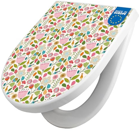 banjado WC Sitz mit Absenkautomatik D Form - Toilettendeckel mit Absenkautomatik D Form - Klodeckel Softclose - stabile Klobrille - Toilettensitz Weiß - Motiv Rosa Kelch Hell