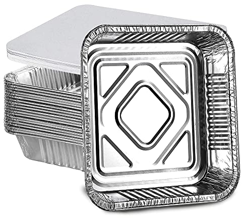 HOMESmith 10 Pack Aluminium Foil Trays with Lids Containers Strong and Large Tin Foil Food Take Away Container Disposable Food Take Out Box with Lid|1 Litre Square |, Silver