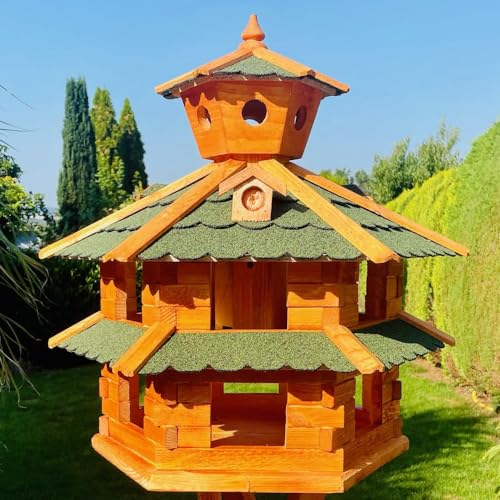 DARLUX Vogelvilla wetterfest von L bis XXL Futterhaus Vogelhaus mit oder ohne Ständer in Braun mit Rot, Grün oder Blau für Garten und Balkon (Größe XXL ohne Ständer, Grün - Braun)