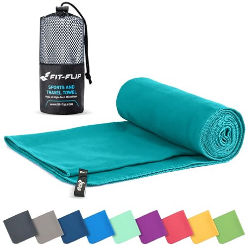 Fit-Flip Microfibre towel - compact, ultra lightweight & quick dry - perfect for gym, travel & beach - swimming towels for sports, camping & hiking (1x 30x50cm petrol + bag)