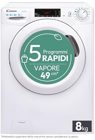 Candy Smart Lavatrice 8kg, carica frontale, Classe B, 1200 giri, 16 Programmi, Cicli Rapidi, Partenza Ritardata, Connessa NFC, Trattamento a Vapore, 85 x 60 x 53 cm, Bianco – CSS128TW4-11