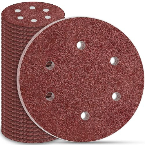 STEBRUAM 30 Piezas Discos de Lijado 225mm Papel Abrasivo 6 Agujeros Discos Lija Redondas 40 Grano,Papeles de Lija Abrasivos para Lijadora de Paredes Techos