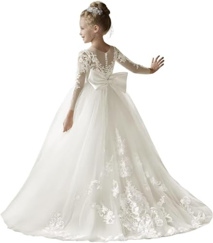 Fuomomo Encaje de Tul, Vestidos de niña de Flores para Boda, Mangas largas, Corte A, Princesa, cumpleaños, Vestidos de Fiesta con Lazo