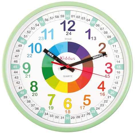 Kiddus Orologio da Parete Didattico per Bambini, Ragazzi. Analogico. Diametro 30cm. Con Esercizi per Imparare a Leggere l’Ora. Movimento al Quarzo Silenzioso.