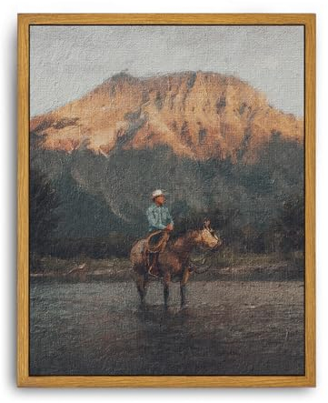 Roslynity Framed Canvas Wall Art Vintage Print Oil Paintings Western Cowboy Mid Century Antique Moody Retro Aesthetic Artwork for Home Living Room Bathroom Bedroom Wall Decor (8x10)