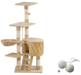 Rohrschneider Katzenbaum 120 cm mit Spielball - beige Plüsch - Stabiler Katzenkratzbaum für Katzen