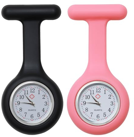 YYCLIPY 2Pcs Nurse Watch Brooch Silicone Nurse Fob Watch with Brooch Infection Control Design Pocket Clock Easy to Carry for Nurse Doctor Medical Staff Paramedic(Black,Pink)
