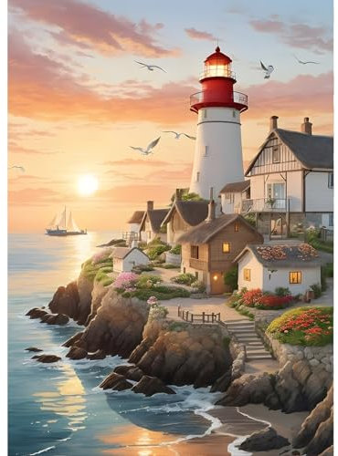 QINRUBB Leuchtturm Diamond Painting Erwachsene, 5D Sonnenuntergang Diamant Painting Bilder Anfänger, DIY Runder Vollbohrer Diamanten Malerei Stickerei Kreuzstich Geschenke Home Wand Dekor 30x40cm