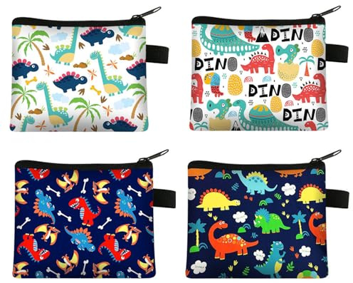 PERSENTU 4 Pcs Coin Purse for Kids Boys Girls, Cute Dinosaur Zipper Coin Pouch - Portable Mini Wallet for Cards, Keys & Coins, Animal Design Kids Purse for Party Favors Gifts