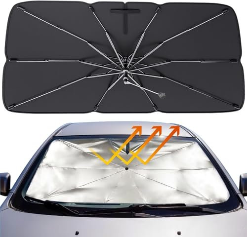 Parasol Paraguas Plegable de Coche - Protección UV y Reducción de Calor para Parabrisas - Fácil de Instalar y Guardar - Universal para Coches, SUVs (138x79cm)