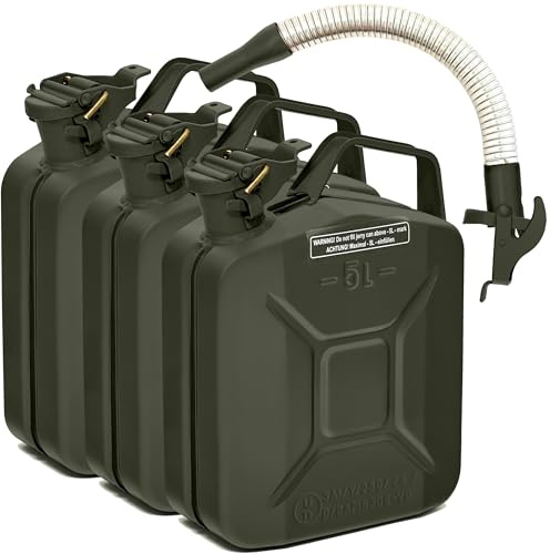 BW® Bränsletank, metall, bensindunk, 3 x 5 liter med pip bronsgrön RAL 6031-F9 TÜV-testad och UN-godkänd tillverkad i Europa
