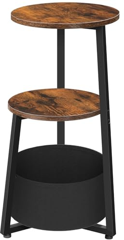 HOOBRO Mesa Auxiliar Redonda de 3 Niveles con Estantes y Bolsillo de Tela, Mesita de Noche, Mesa de Centro Pequeña para Espacios Reducidos, Dormitorio, Marrón Rústico y Negro EBFB169BZ01